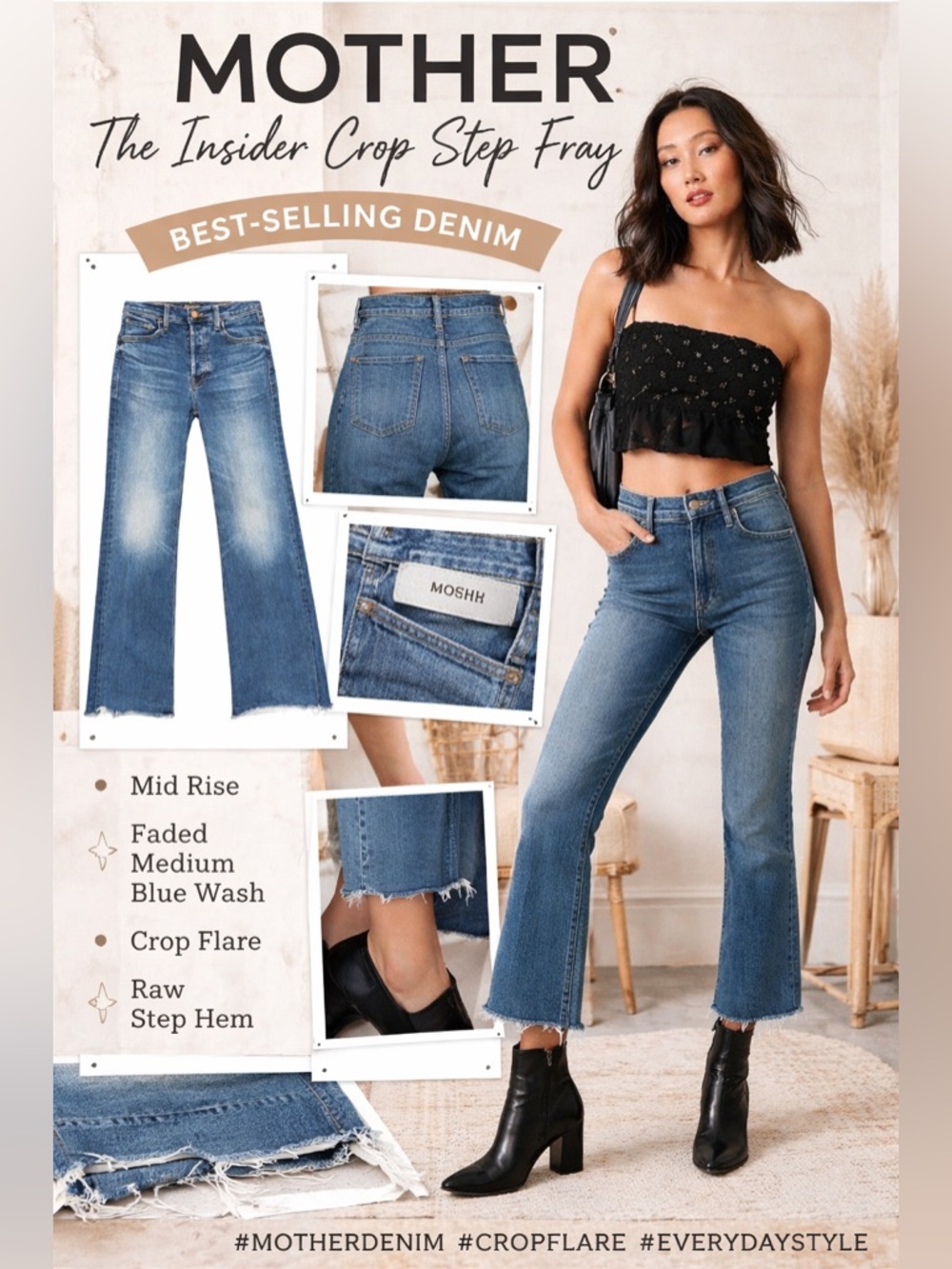 MOTHER Superior Denim The Insider Crop Step Fray High rise stretch distressed 26